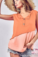 BiBi Color Block Contrast Stitching Buttoned Henley Top