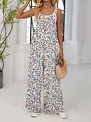 Full Size Floral Print Wide Leg Spaghetti Strap Overalls Plus Size