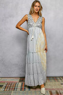 POL Deep V Sleeveless Cotton Bohemian Tiered Maxi Dress