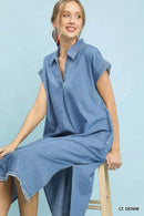 Umgee Stone Washed Collared Denim Midi Dress
