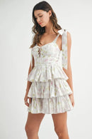 MABLE Floral Print Shoulder Tie Layered Mini Dress