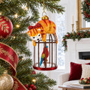 Cat on Birdcage with Parrot Glass Christmas Ornament