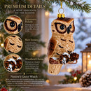 Wise Owl Perched on Branch Glass Christmas Ornament