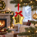 Golden Star Adorned with Red Bow Glass Christmas Ornament