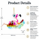 Pink Flamingo Riding a Surf Wave Glass Christmas Ornament