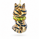 Striped Cat with Scarf Glass Christmas Ornament