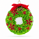 Holiday Wreath with Red Bow and Bells Glass Christmas Ornament