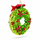 Holiday Wreath with Red Bow and Bells Glass Christmas Ornament