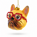 Hipster Bulldog in Red Glasses Glass Christmas Ornament
