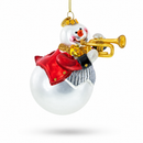 Festive Snowman Playing Trumpet Glass Christmas Ornament