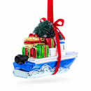 Boat with Tree and Present Glass Christmas Ornament