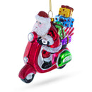 Santa Riding Retro Scooter with Gifts Glass Christmas Ornament