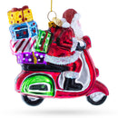 Santa Riding Retro Scooter with Gifts Glass Christmas Ornament