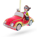 Stylish Woman Driving Pink Cabriolet Glass Christmas Ornament