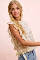 BiBi Flower Printed Ruffle Sleeve Trim Detail Top