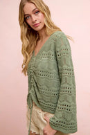 BiBi Pointelle Knit V Neck Ruched Front Lightweight Top