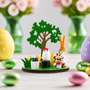 Wooden Bunny Figurine Decorating Easter Eggs Tabletop Scene 4.2 Inches Tall
