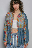 POL Patchwork Mixed Textured Paisley Floral Stripe Long Sleeve Shirt