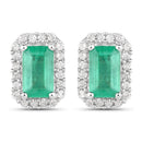 0.91 Carat Genuine Zambian Emerald and White Diamond 14K White Gold Earrings