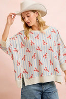 BiBi 4th Of July Lobsters Stripe Waffle Knit Sleeve Top