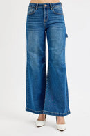RISEN Full Size High Rise Wide Leg Patch Detailed Jeans Plus Size