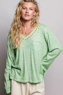 POL V-Neck Contrast Stitch Lightweight Knit Long Sleeve Top