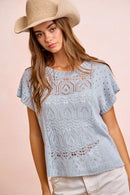 BiBi Washed Eyelet Short Sleeve Breathable Knit Top