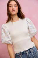 SO ME Floral Cotton Contrast Sleeves Scallop Sweater Top
