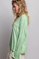 POL V-Neck Contrast Stitch Lightweight Knit Long Sleeve Top