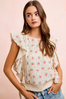BiBi Flower Printed Ruffle Sleeve Trim Detail Top