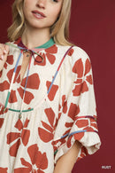 Umgee Two Tone Floral Tie-Neck Babydoll Dress