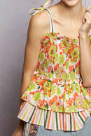 POL Floral Smocked Ruffled Cami with Tie Shoulder Straps