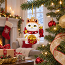 Lucky Maneki Neko Fortune Cat with Gold Coins Glass Christmas Ornament