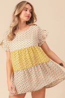 BiBi Flroal Printed Woven Color Block and Tiered Top