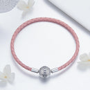 925 Sterling Silver Pavé Setting CZ Bracelet with Genuine Leather for Women