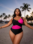 2026 New Plus Size Black & Hot Pink Color Block One-Piece Swimsuit Women's Deep V Crisscross Ruched Mesh Panel Thong Bathing Suit for Beach Vacation, Sexy & Slimming