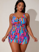 2026 New Plus Size Swim Dress: Vibrant Abstract Print, V-Neck, Tie Front Cutout, Curvy Beach Style