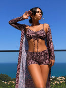 Brown Lattice Print Swimwear Set, Ruched Front Bikini Top with Shorts and Sheer Kimono, Quick-Dry Resort Wear