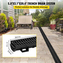 Trench Drain System, Channel Drain with Plastic Grate, 5.8x3.1-Inch HDPE Drainage Trench, Black Plastic Garage Floor Drain, 6x39 Trench Drain Grate, with 6 End Caps, for Garden, Driveway-6 Pack