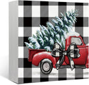 Christmas Decor Red Truck Christmas Wooden Box Signs Buffalo Plaid Christmas Decorations Christmas Decor for Home Office Bedroom Fireplace Car Tiered Tray Decor Christmas Gifts for Women 5x5