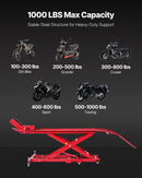Motorcycle Lift Table, 1000lbs Weight Capacity, 360° Flexible Moving Motorcycle Jack Stand, 8.6-31 in Height Range, Heavy Duty Bike Repair Stand with Security Lock for ATVs, Dirt Bike