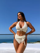2026 New Cream Textured Halter Two-Piece Swimsuit Women's Side Tie High-Waisted Tummy Control Bathing Suit for Beach Vacation, Gentle Luxury Style