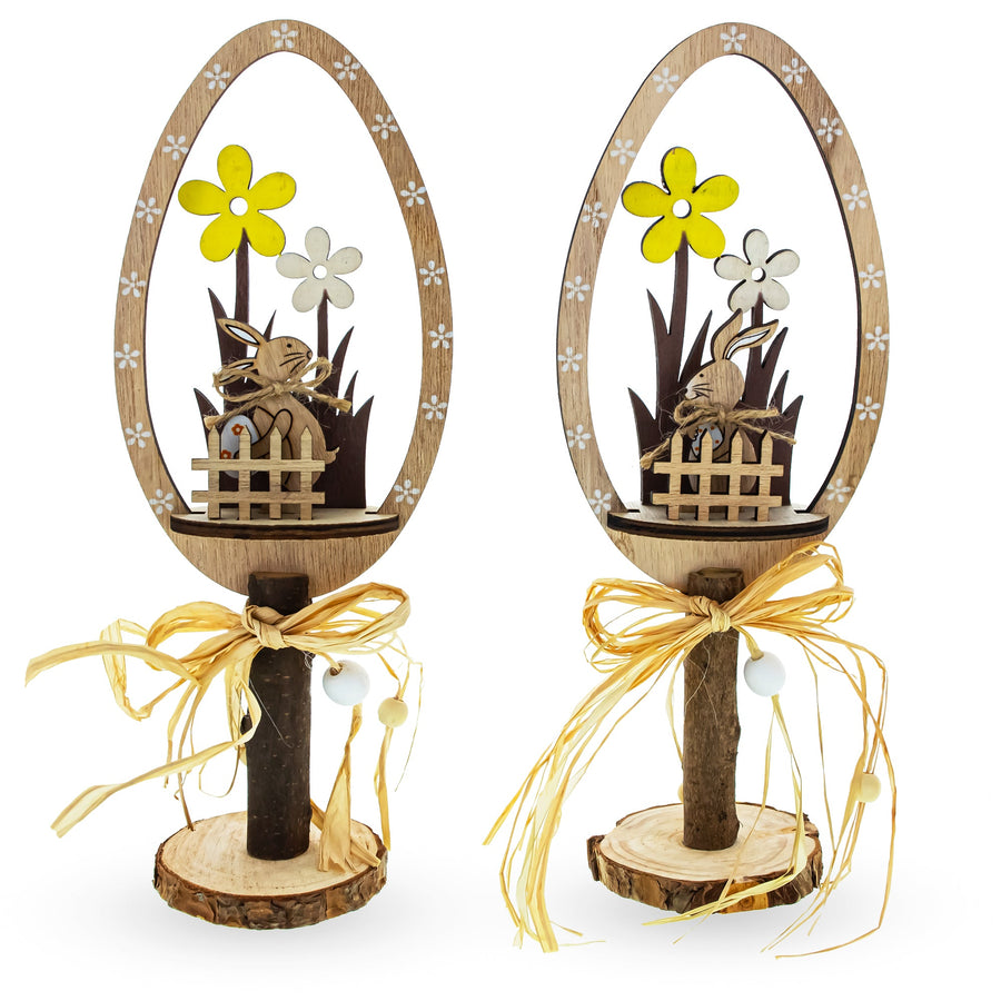 Set of 2 Rustic Wooden Easter Egg Decorations – Handmade Bunny & Flower Tabletop Decor