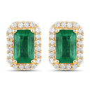 0.91 Carat Genuine Zambian Emerald and White Diamond 14K Yellow Gold Earrings