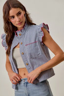 SO ME Stripe Twill Stitch Ruffled Hidden Button Vest Top