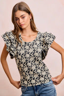 BiBi Floral Jacquard Ruffle Sleeves Knit Top