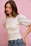 SO ME Floral Cotton Contrast Sleeves Scallop Sweater Top