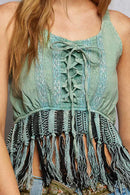 POL Lace-Up Fringe Hem Tank with Lace Detail