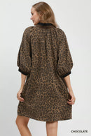 Umgee Leopard Print Quarter Zip Puff Sleeve Mini Dress