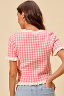 SO ME Gingham Knit Ruffled Short Sleeves Sweater Top